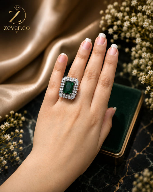 Emerald Green Crystal Statement Ring - Diamond-Cut Silver Halo | Zevar Co.
