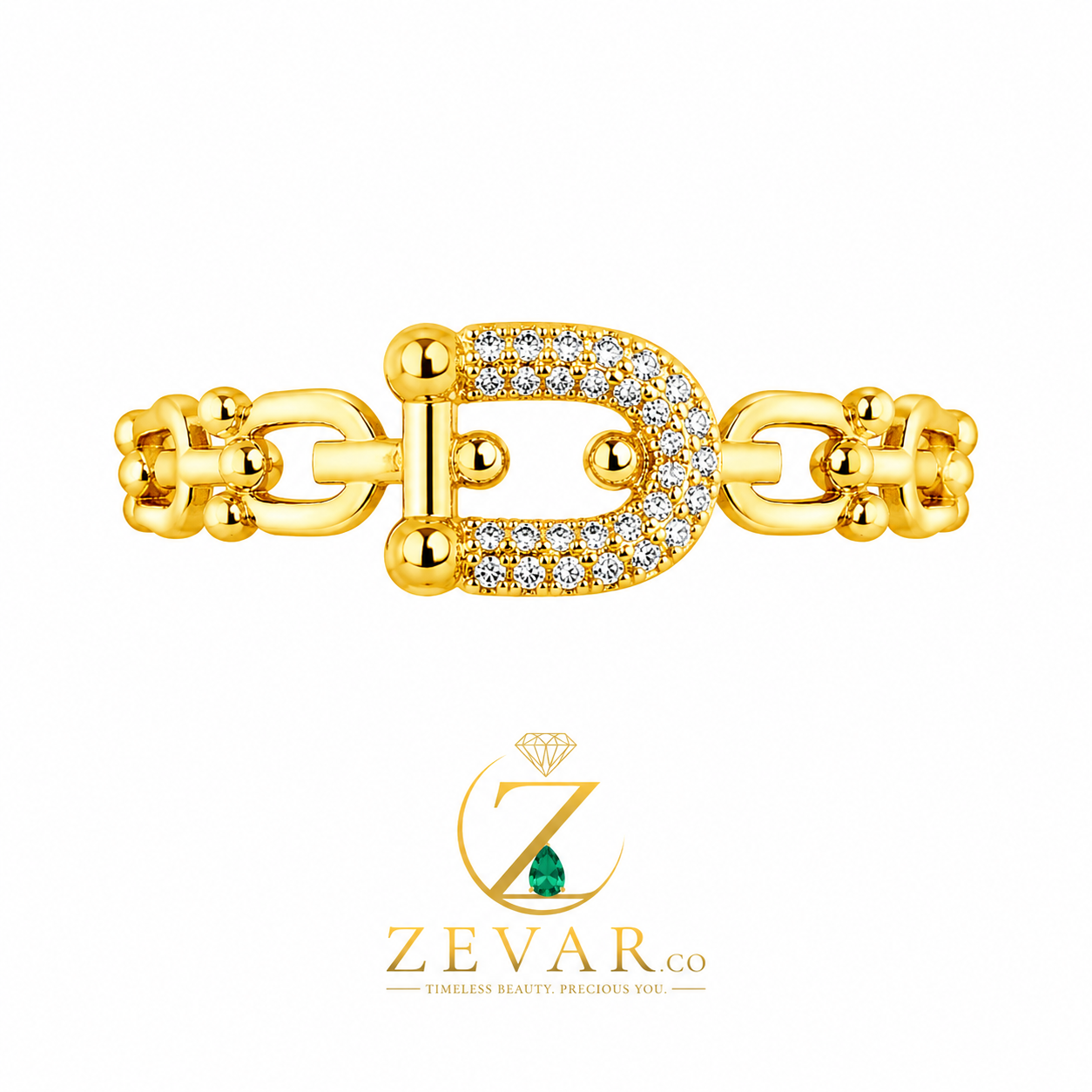 Pave Crystal Buckle Chain Link Open Ring
- Gold Tone | Zevar Co.