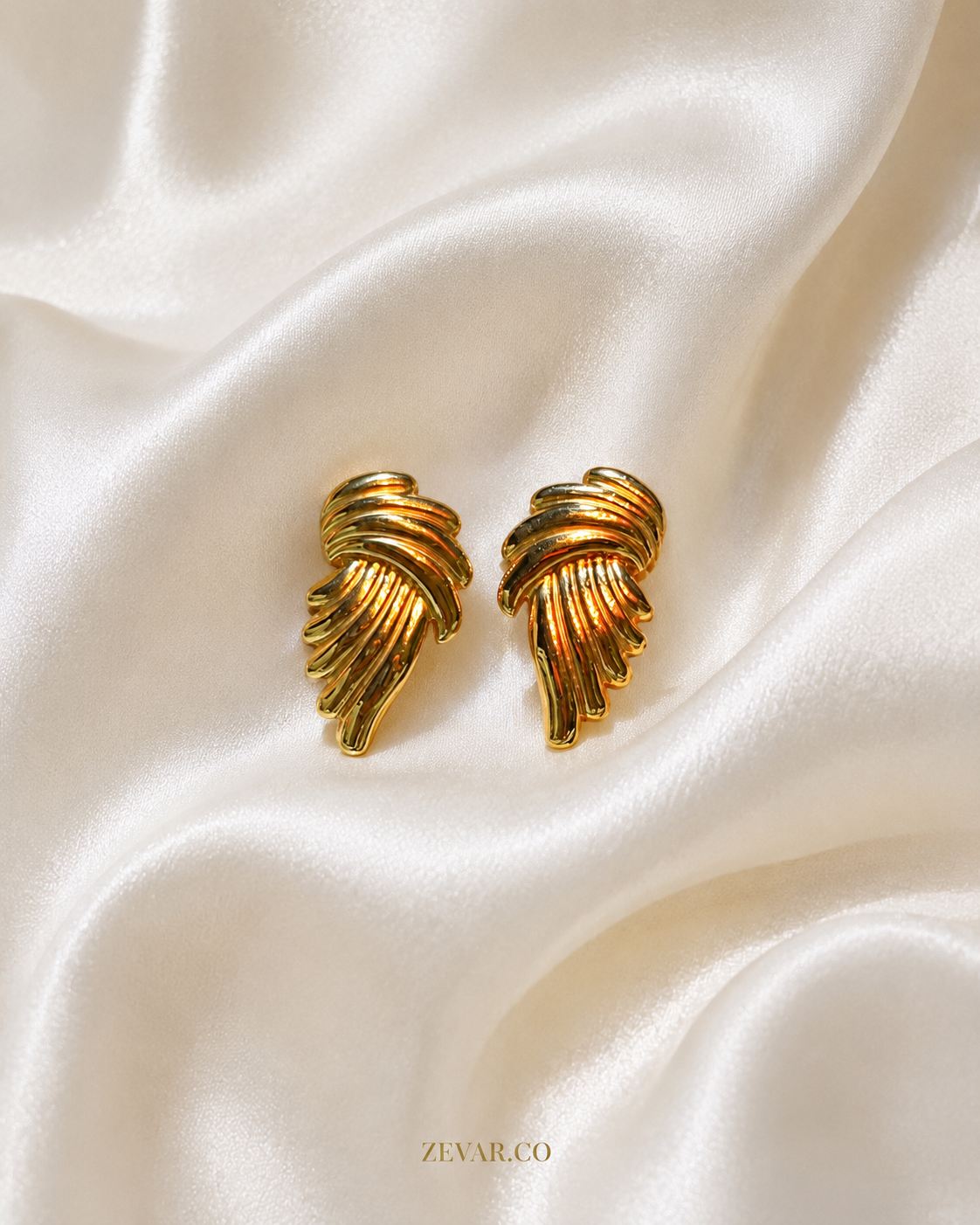 Golden Feather Stud Earrings | Stainless Steel | Zevar Co.
