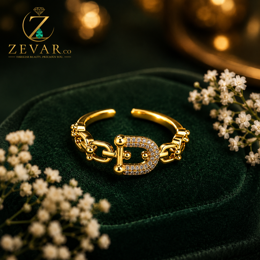 Pave Crystal Buckle Chain Link Open Ring - Gold Tone | Zevar Co.