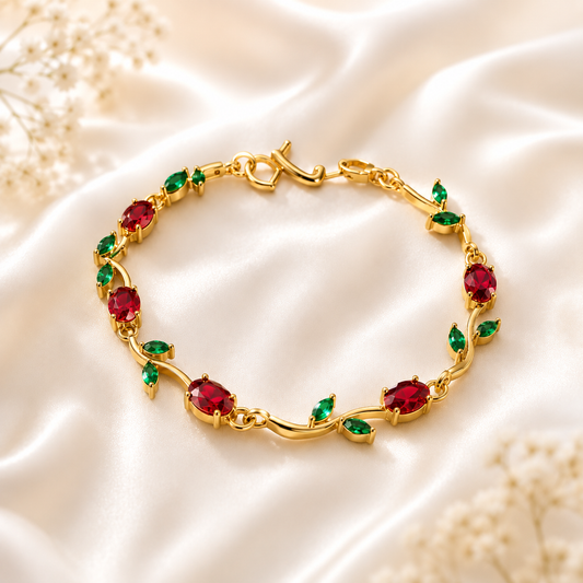 Ruby Red & Emerald Crystal Gold Tulip Bracelet - Gift Ready | Zevar Co.
