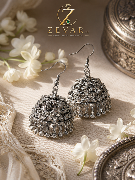 Vintage Oxidized Dome Jhumka Earrings | Zevar Co.