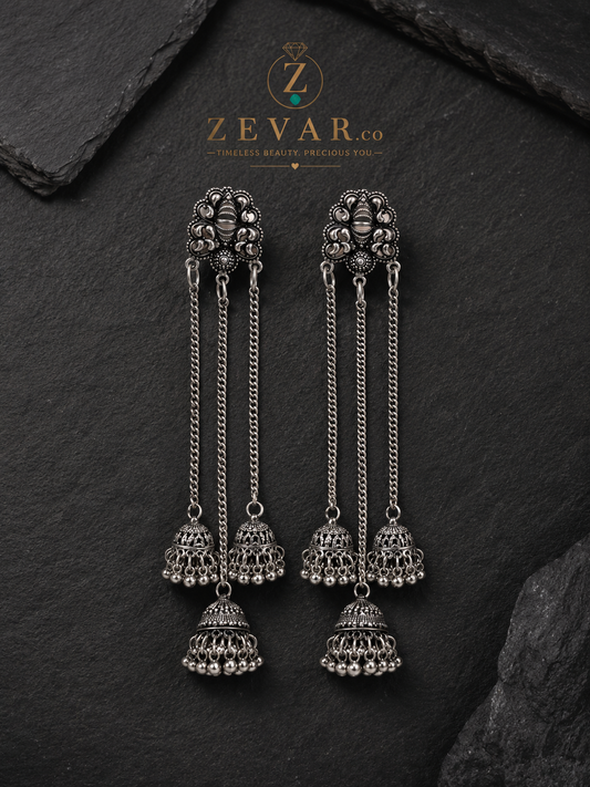 Royal Oxidized Triple Jhumka Chain Earrings | Zevar Co