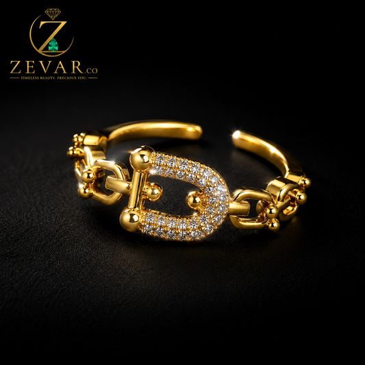 Pave Crystal Buckle Chain Link Open Ring - Gold Tone | Zevar Co.