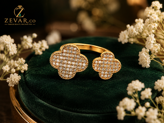 Crystal Clover Open Ring - Gold Tone | Zevar Co.