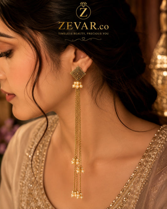 Pearl Tassel Traditional Earrings - Gold Tone | Zevar Co.