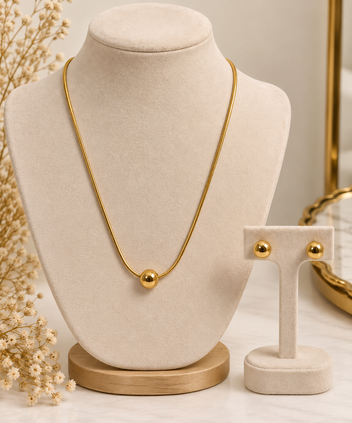 Classic Gold Ball Necklace & Stud Earrings Set