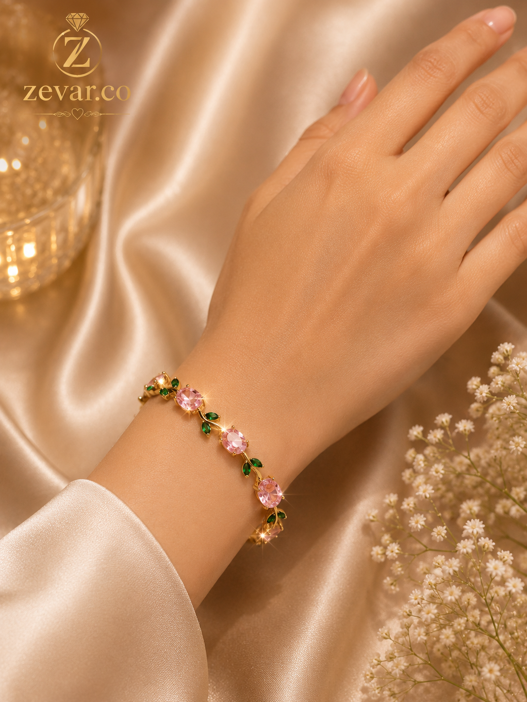 Pink Tulip Crystal Bracelet | Gold Tone | Zevar Co.