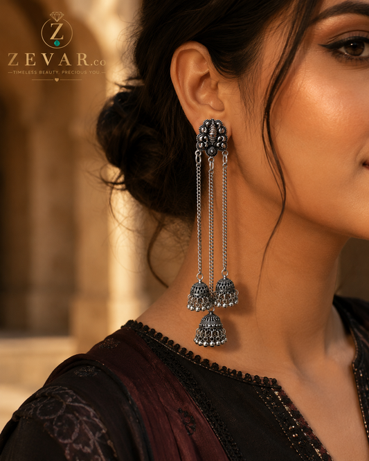 Royal Oxidized Triple Jhumka Chain Earrings | Zevar Co