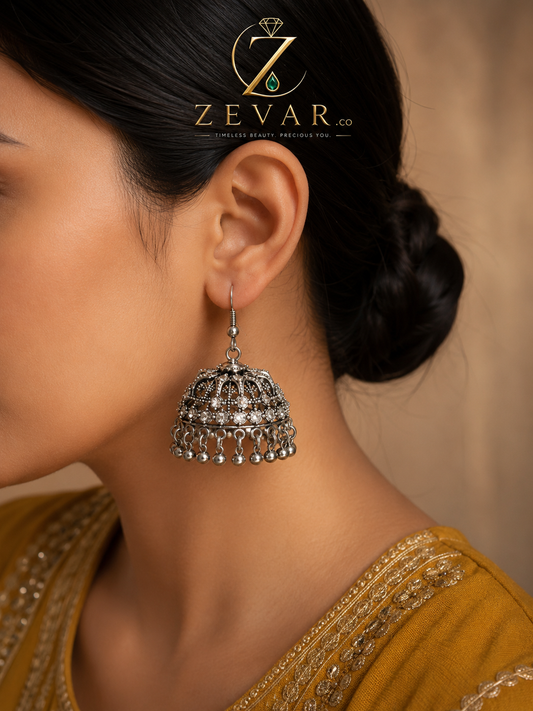 Vintage Oxidized Dome Jhumka Earrings | Zevar Co.