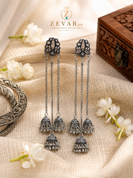 Royal Oxidized Triple Jhumka Chain Earrings | Zevar Co