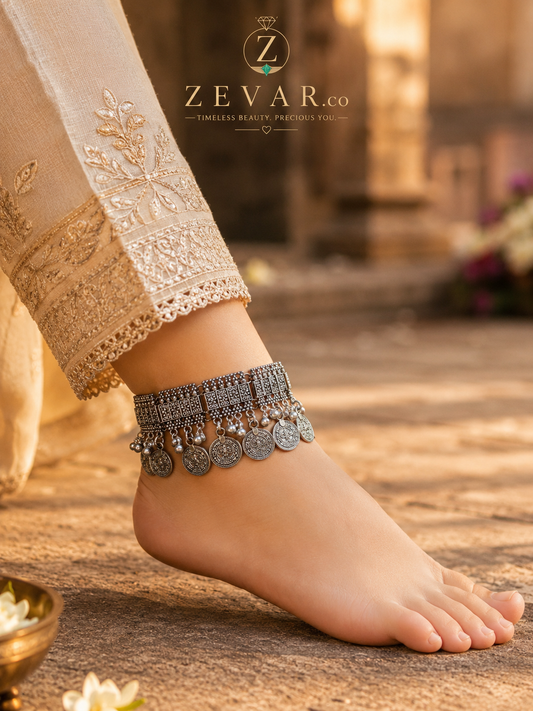 Vintage Oxidized Coin Charm Anklet | Zevar Co.