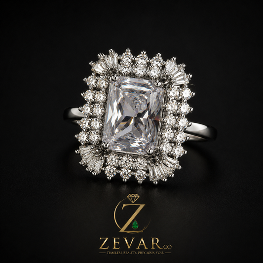 Radiant Cut Crystal Double Halo Statement Ring - Diamond Tone | Zevar Co.