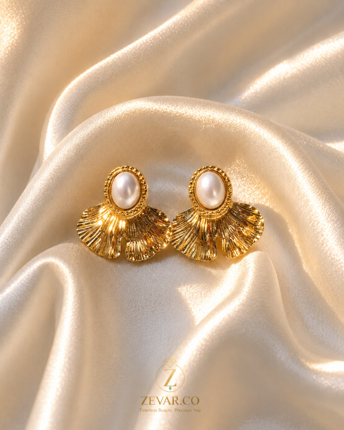 Pearl Fan Stud Earrings | Stainless Steel | Zevar Co.