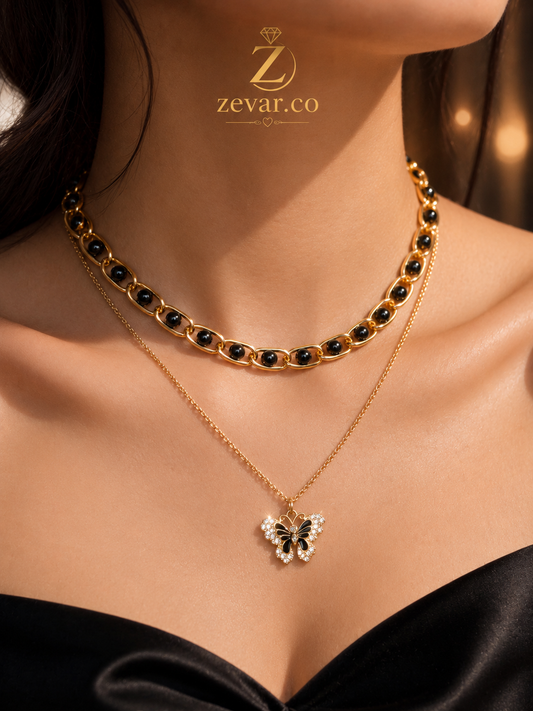 Black Butterfly Layered Necklace + Gold Tone | Zevar Co.