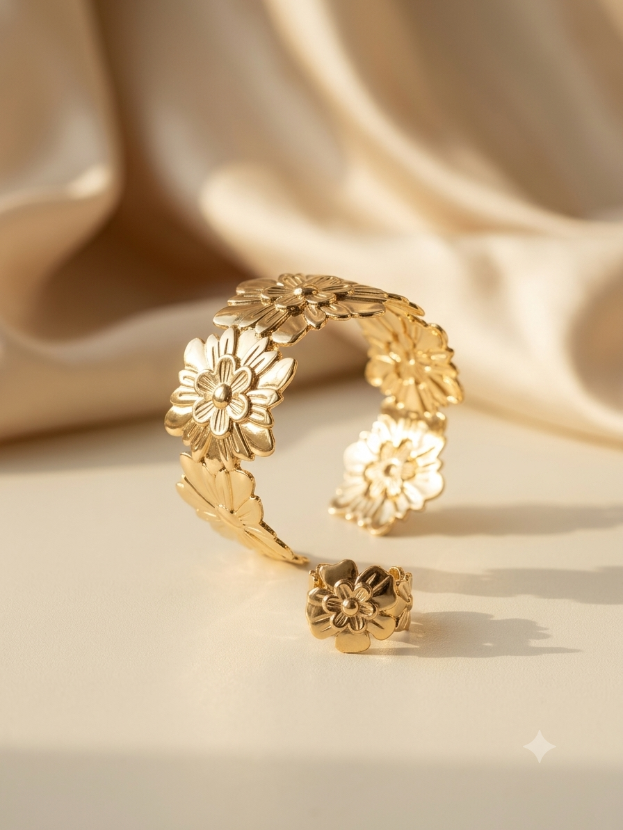 Floral Bloom Cuff Bracelet with ring - Premium Stainless Steel