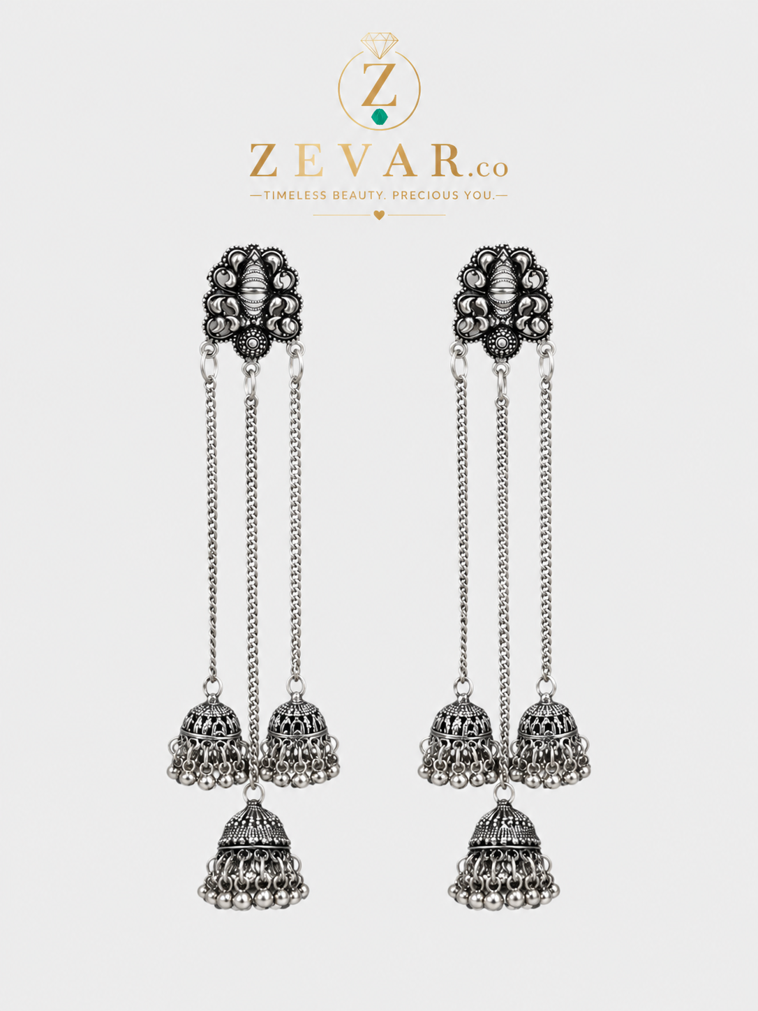 Royal Oxidized Triple Jhumka Chain Earrings | Zevar Co