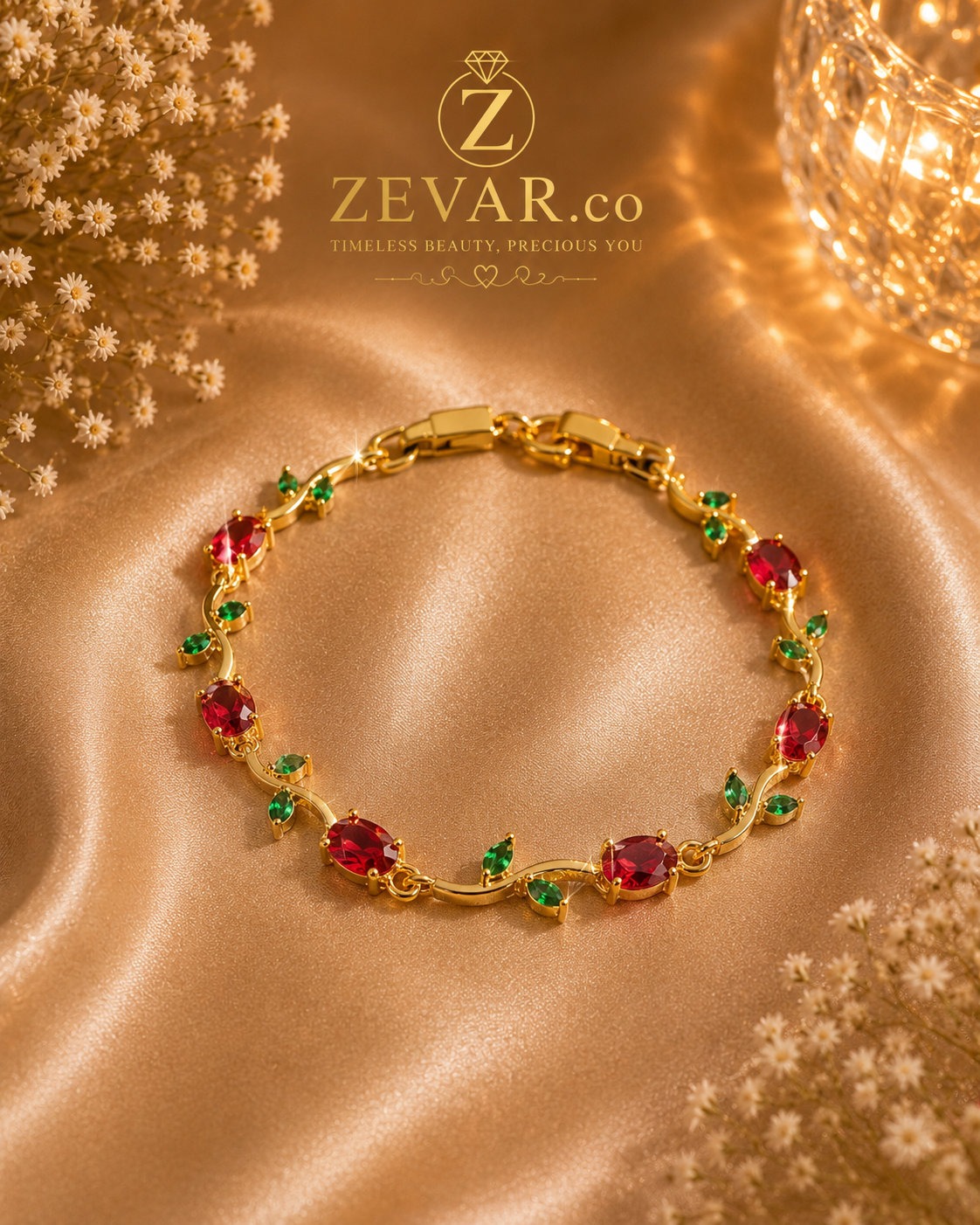 Ruby Red & Emerald Crystal Gold Tulip Bracelet - Gift Ready | Zevar Co.