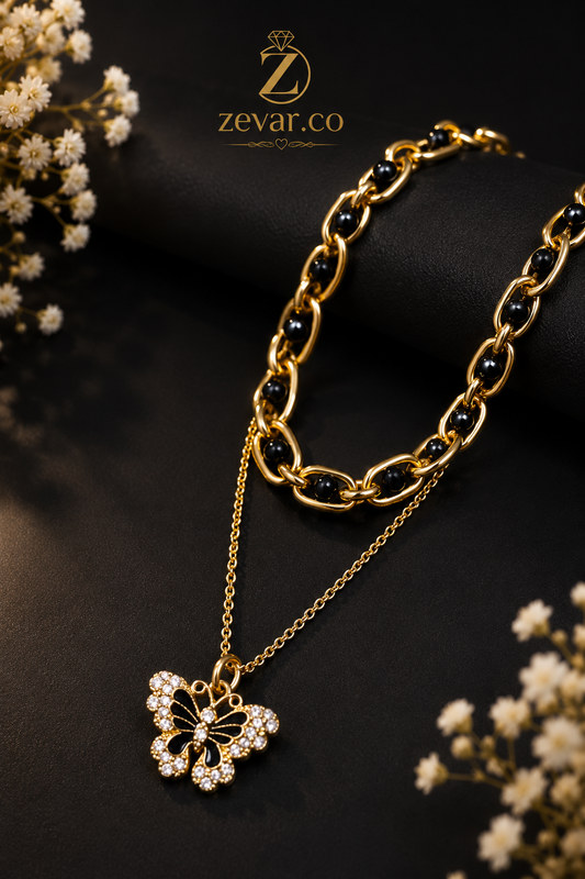 Black Butterfly Layered Necklace + Gold Tone | Zevar Co.