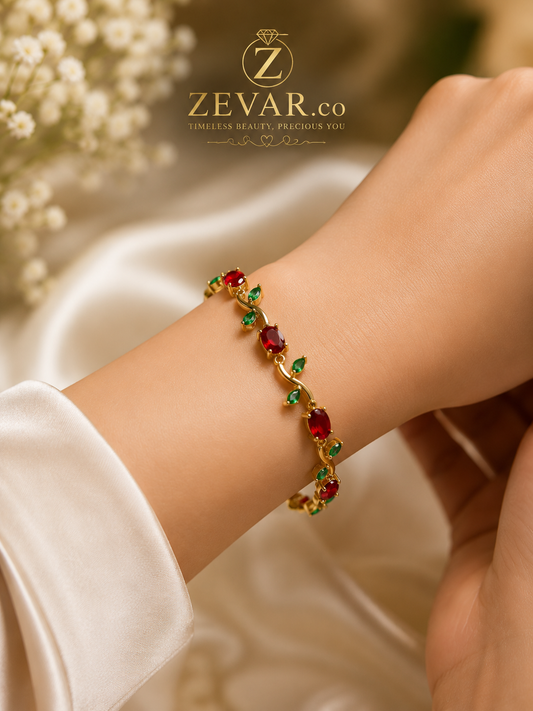 Ruby Red & Emerald Crystal Gold Tulip Bracelet - Gift Ready | Zevar Co.