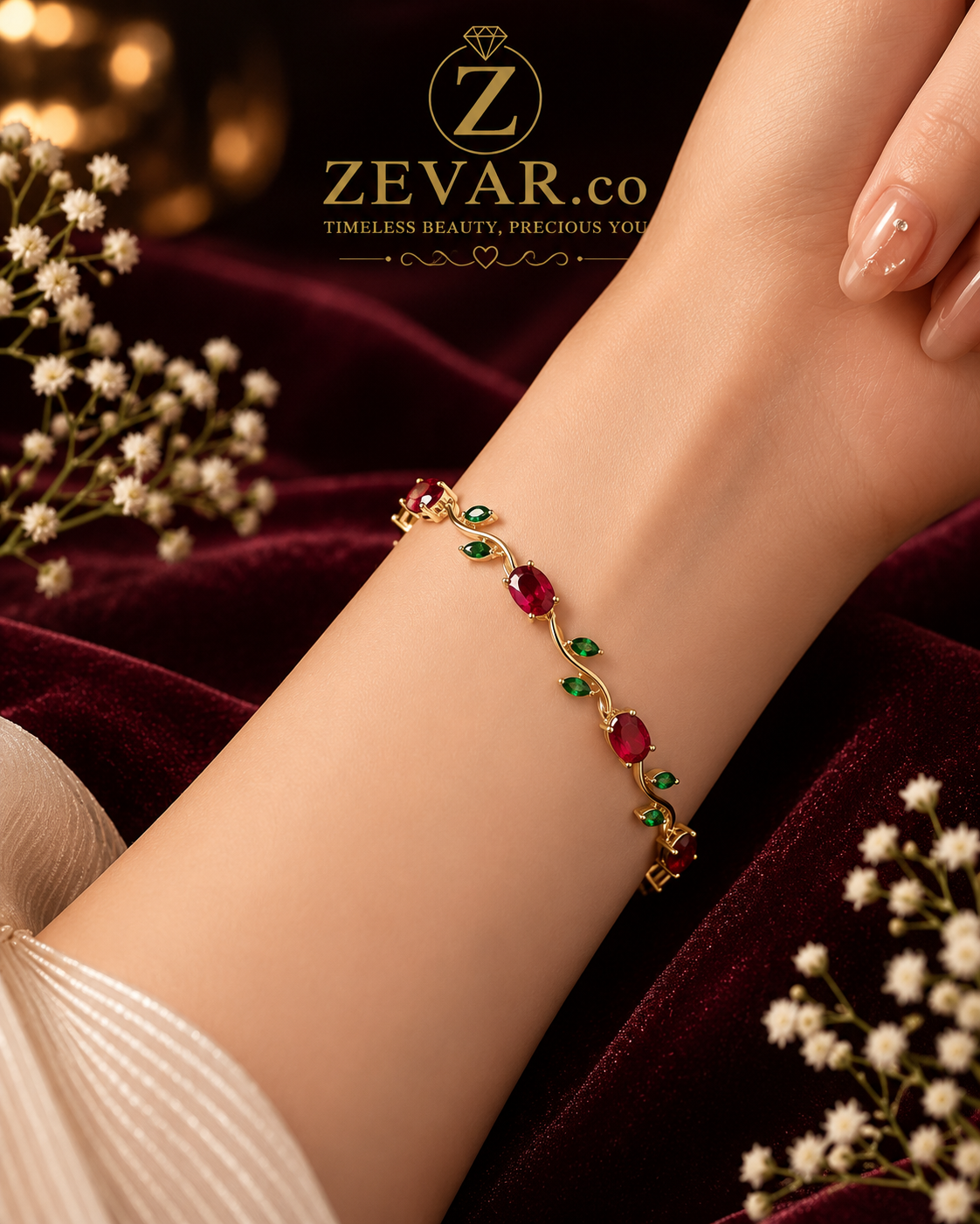 Ruby Red & Emerald Crystal Gold Tulip Bracelet - Gift Ready | Zevar Co.