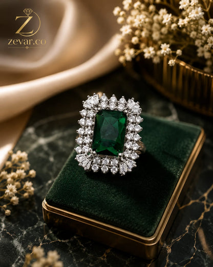 Emerald Green Crystal Statement Ring - Diamond-Cut Silver Halo | Zevar Co.