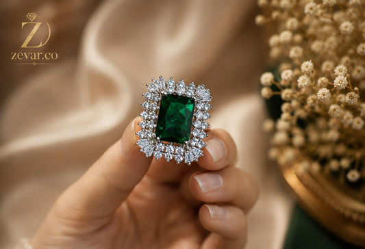 Emerald Green Crystal Statement Ring - Diamond-Cut Silver Halo | Zevar Co.