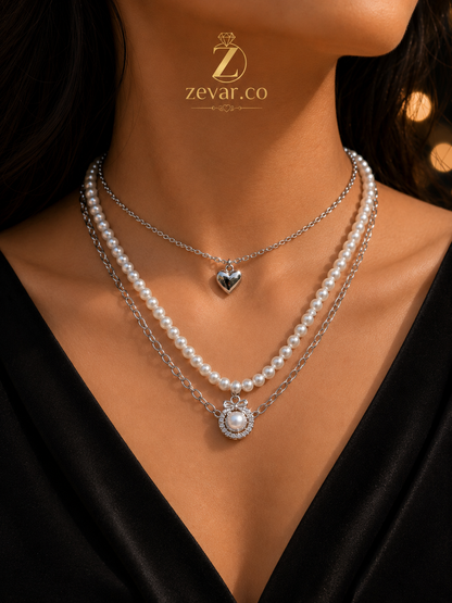Pearl Heart Layered Necklace - Silver Tone | Zevar Co.