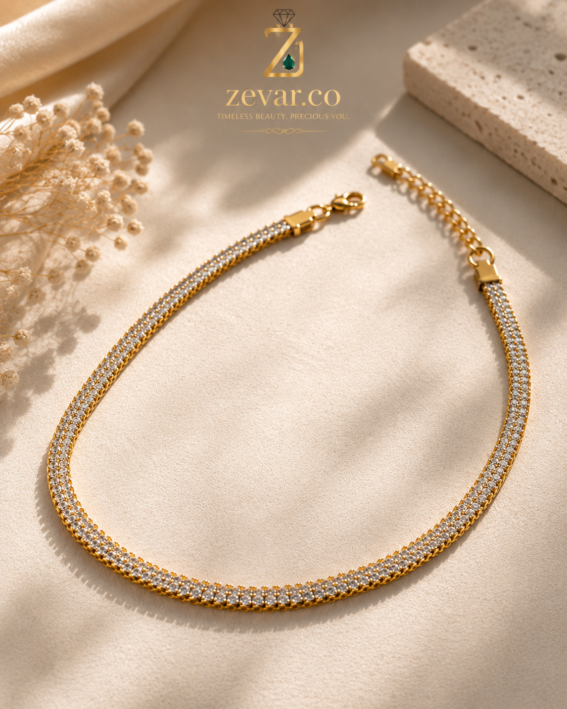 Double Row Crystal Herringbone Necklace | Zevar Co