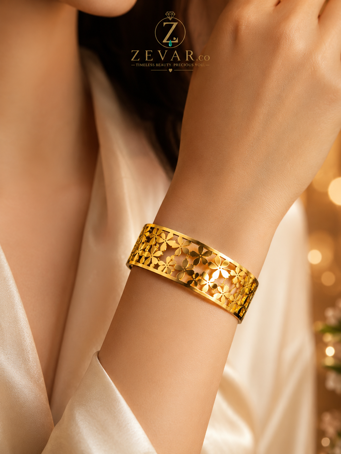 Floral Cutwork Cuff Bracelet - Gold Tone | Zevar Co.
