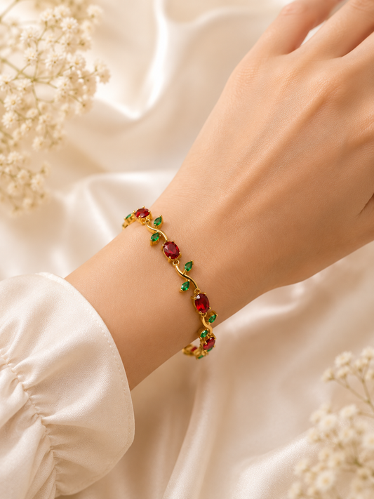 Ruby Red & Emerald Crystal Gold Tulip Bracelet - Gift Ready | Zevar Co.