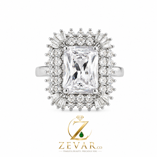Radiant Cut Crystal Double Halo Statement Ring - Diamond Tone | Zevar Co.