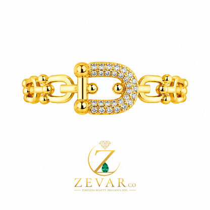 Pave Crystal Buckle Chain Link Open Ring - Gold Tone | Zevar Co.