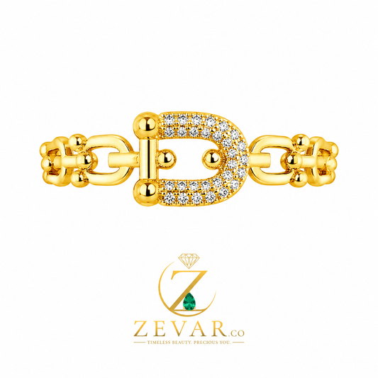 Pave Crystal Buckle Chain Link Open Ring - Gold Tone | Zevar Co.