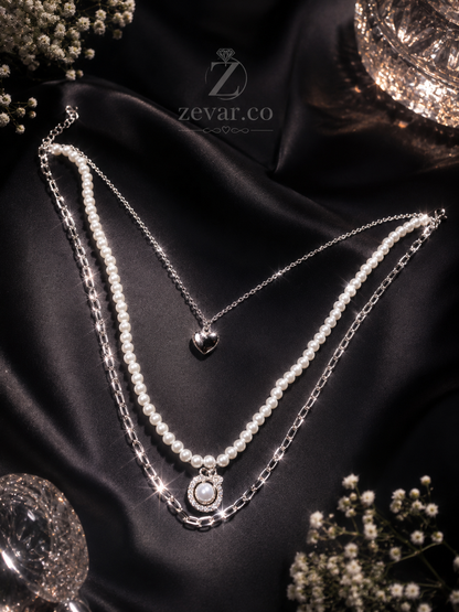 Pearl Heart Layered Necklace - Silver Tone | Zevar Co.