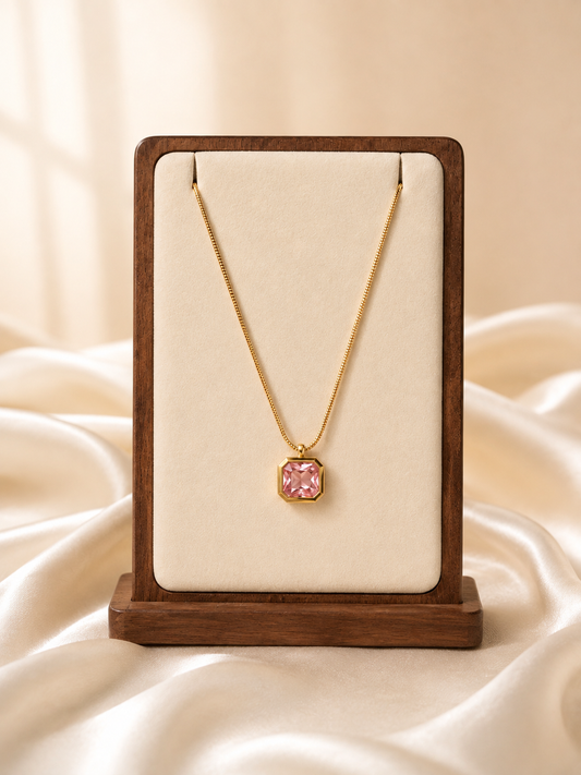 Pink Crystal Octagon Pendant Necklace