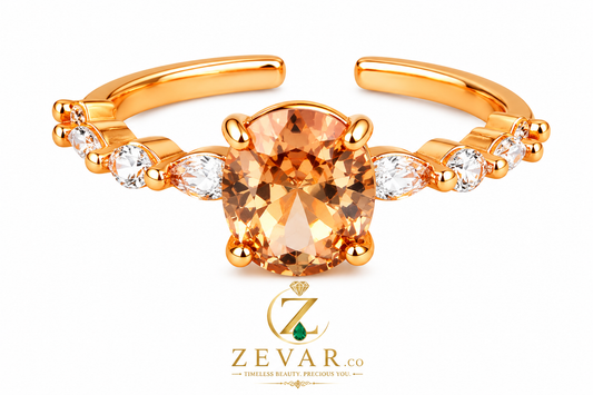 Oval Amber Crystal Open Band Ring - Gold Tone with Marquise Accents | Zevar Co.
