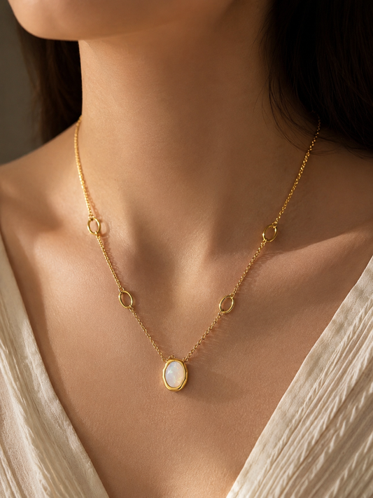 Moonstone Oval Pendant Gold Chain Necklace-Dainty Daily Wear | Zevar Co.