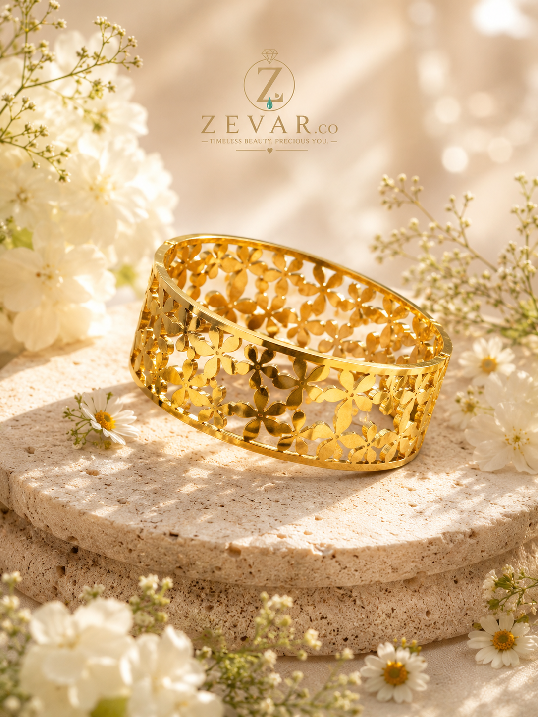 Floral Cutwork Cuff Bracelet - Gold Tone | Zevar Co.