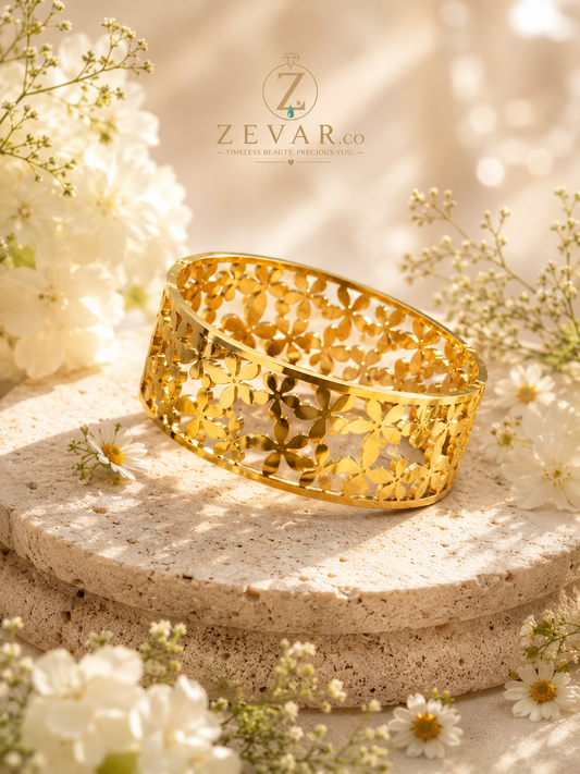 Floral Cutwork Cuff Bracelet - Gold Tone | Zevar Co.