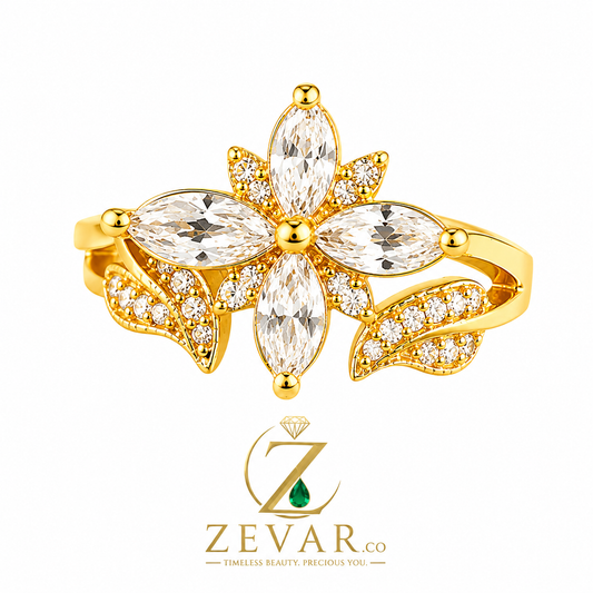 Marquise Crystal Flower Ring - One-Carat Look with Leaf Detail | Zevar Co.