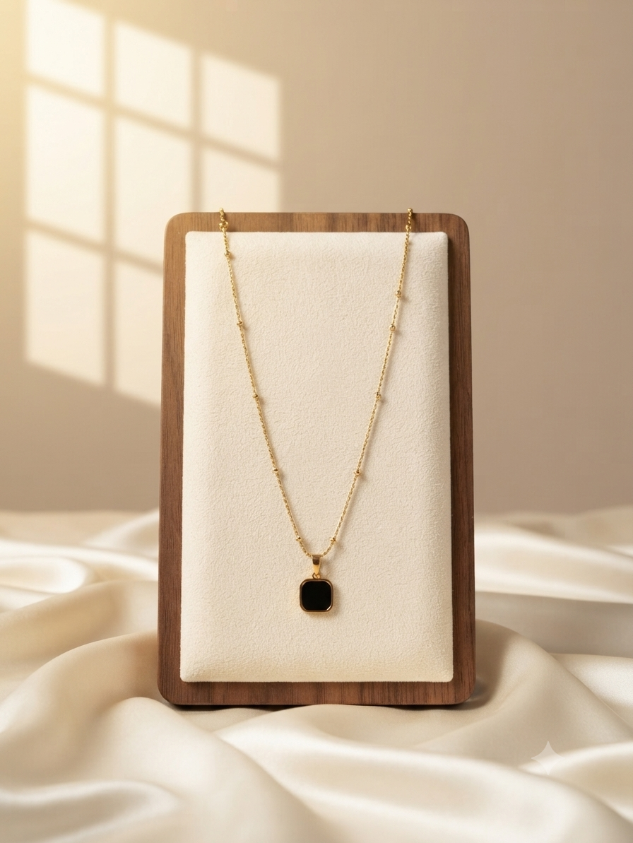 Black Square Pendant Necklace -Gold Tone