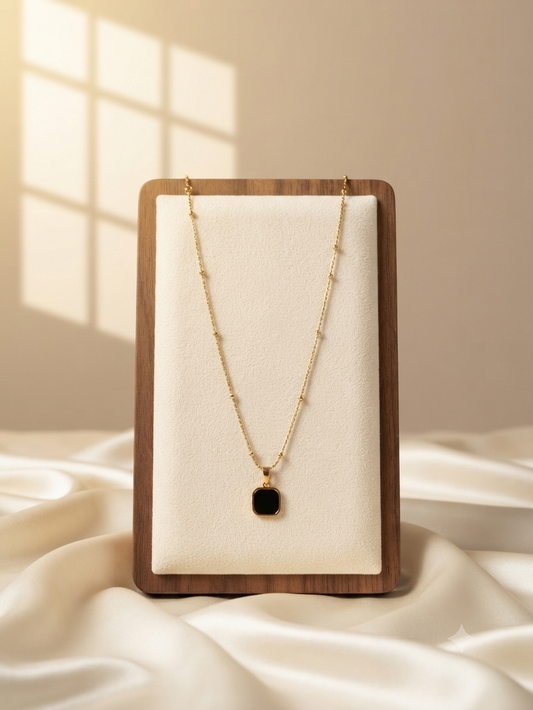 Black Square Pendant Necklace -Gold Tone