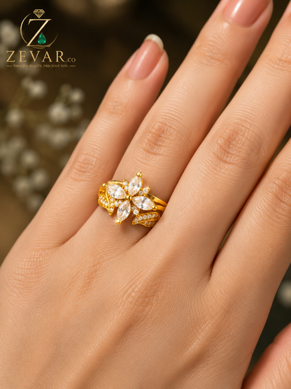 Marquise Crystal Flower Ring - One-Carat Look with Leaf Detail | Zevar Co.