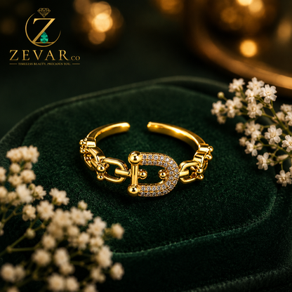 Pave Crystal Buckle Chain Link Open Ring - Gold Tone | Zevar Co.