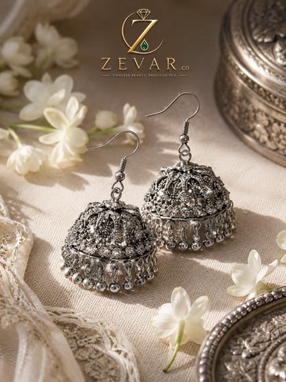 Vintage Oxidized Dome Jhumka Earrings | Zevar Co.