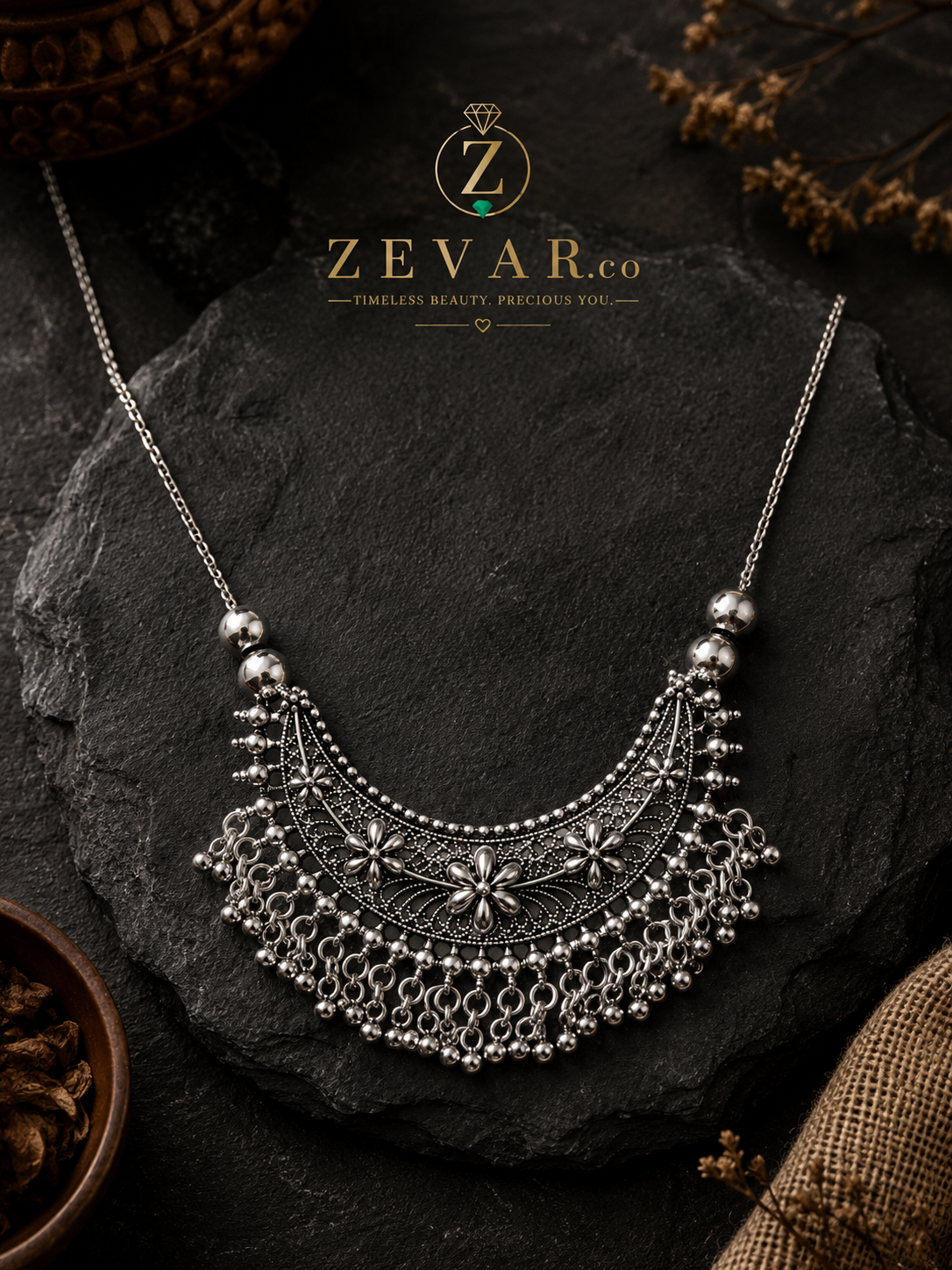 Vintage Oxidized Floral Statement Necklace | Zevar Co