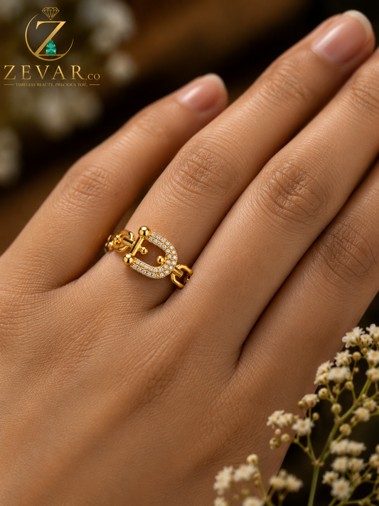 Pave Crystal Buckle Chain Link Open Ring - Gold Tone | Zevar Co.