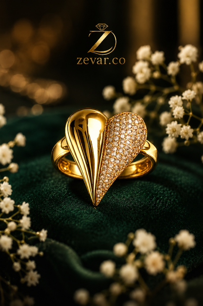 Half Pave Half Polished Split Heart Statement Ring - Gold Tone | Zevar Co.