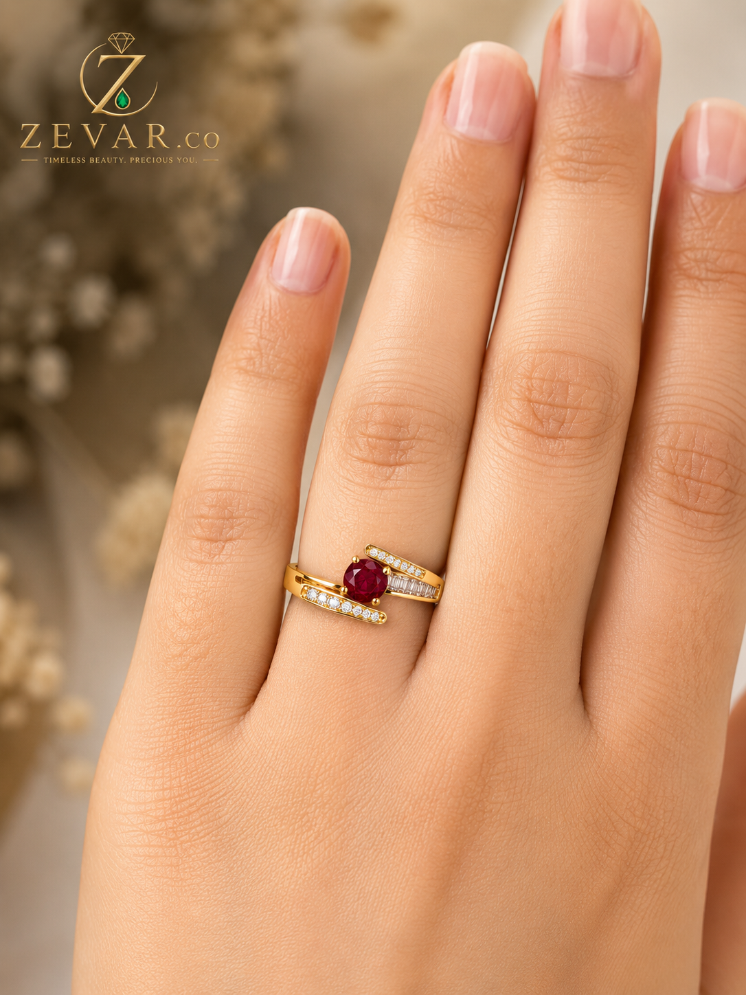 Ruby Crystal Wrap Open Ring - Gold Tone | Zevar Co.